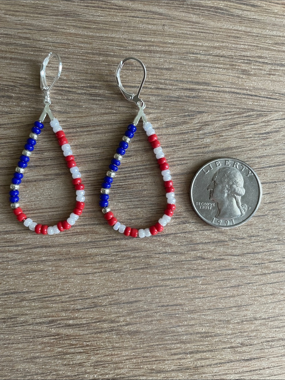 HAND CRAFTED PATRIOTIC BEADED TEARDROP HOOP EARRINGS Red White Blue 4th of July - Picture 9 of 9